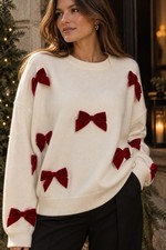 NWT J.Marie Jenna Velvet Bow Sweater White Red Coquette Holiday L $124 picture