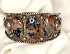 VTG NAT AMER 3-STONE PETRIFIED WOOD STRLING CUFF BRACELET; STUNNING, RINGS AVAIL picture