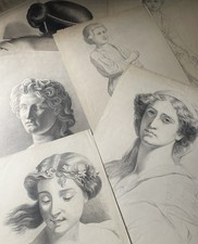 Antique 1870s Original Sketches Signed Pencil Paper Portraits Victorian Drawing picture