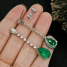 4.50Ct Lab-Created Emerald Women Drop & Dangle Earrings 14K White Gold Finish picture