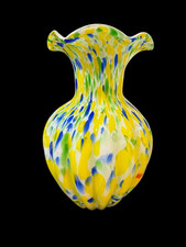 VINTAGE MURANO GLASS VASE RUFFLED RIM SPATTER MACCHIA YELLOW BLUE GREEN 1970S picture