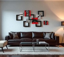 3pc Modern Wall Sculpture, Red Black Abstract Squares wood wall art 36x19 Alisa picture