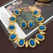 Blue Cabochon Necklace Earrings Set Gold Pearl Vintage Style Jewelry Women picture