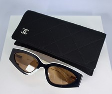 Chanel CH6056 54mm Cat Eye Sunglasses in Black and White with Beige Lenses picture