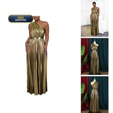 AOMEI Women's Gold Luxury Metallic One Shoulder Sleeveless Elegant Pleated Long picture