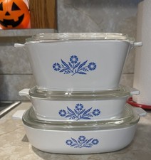 Corning Ware Blue Cornflower Casserole Dish With Pyrex Lid Lot Of 3 Vintage picture