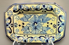 Talavera Hernandez Signed Pottery Rectangular Dish Pueblo Mexico 8.5 x 5.5 Blue picture