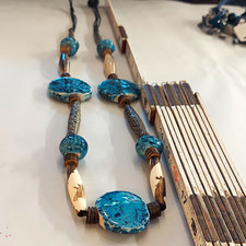 E10-Blue Beaded Cord Statement Necklace Adjustable Button Closure Bohemian Resin picture