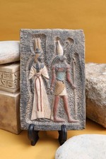 Falcon God Horus & Queen Cleopatra Stone Relief - Egyptian Antiquity picture