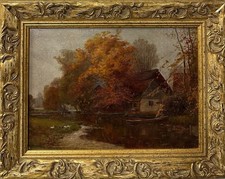Antique European School Oil Painting Autumn River Cottage Landscape Gilt Frame picture