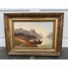 Large Antique Original Oil Canvas Painting Mountains Lake Town Scene Signed picture