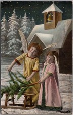 Vintage 1909 HAPPY NEW YEAR Gel Greetings Postcard Angel Girls / Church Scene picture