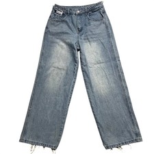 DAZY Womens Jeans Size L Blue Wide Leg High Waist Distressed Hem Denim Pants picture