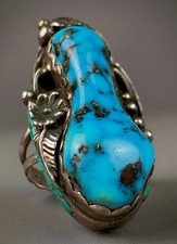 RARE Vintage Navajo Sterling Silver Turquoise Heishi Inlay Ring ~ Les Baker picture