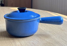 Vintage Le Creuset Blue Cast Iron Covered Sauce Pan 14 Hollow Handle France picture
