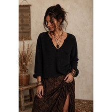 BiBi Black Thermal Waffle Knit Notched V-Neck Pocket Top Boho Women's Medium picture