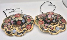 Vintage Japanese Satsuma Style Porcelain Hat Ornaments Pair Black Gold Gilt picture