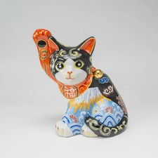 Choho Kutani Black Mount Fuji Maneki Neko Right Paw Lucky Cat 16.7cm picture