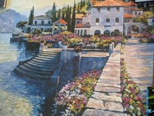Behrens Signed Large Impressionist Coastal Village Landscape Canvas Painting picture