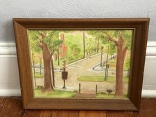 Vintage Original Art Oil Pastel And Ink Cityscape Street Americana Scene Framed picture