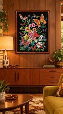 VTG Velvet Print Psychedelic Butterflies Color Retro MCM Decor Framed 20 X 18 picture
