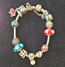PANDORA Signed Snake Chain Charm Bracelet Bead Charms Barrel Stackable picture