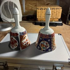Vintage Pair Off Japanese Imari-style Porcelain Bells Gold Trim Matching Pair picture