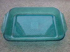 Vintage Pryex 9 x 13 x2 Large Baking Pan Peacock Teal Green Basketweave 80s dish picture