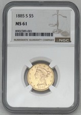 1885 S US American Half Eagle Coronet Head Early Gold Coin $5 Dollar MS-61 NGC picture