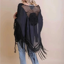 Black Crochet Medallion Tassel Bohemian Kimon Open Wrap Top One Size picture