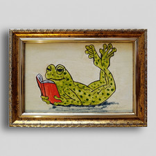 Original Frog Oil Painting on Wood Panel, Whimsical Animal Art, Handmade Artwork picture