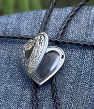 Vintage Western Style Silver Heart Locket, Black Leather Bolo Tie   picture
