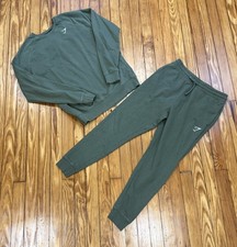 Gymshark Men’s Medium / Large Crest Sweatshirt & Joggers Set Green Sweatsuit Gym picture
