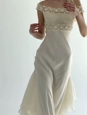 Ivory Off Shoulder Dress Beaded Lace Silk Blend Evening Wedding Guest S picture