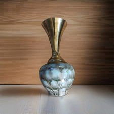 Vintage MCM Hand Painted Brass Turquoise Aqua Porcelain Bud Vase Holland picture