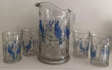Northwood Singing Birds Water Pitcher & 4 Tumblers Set EAPG Blue Enamel c 1915 picture