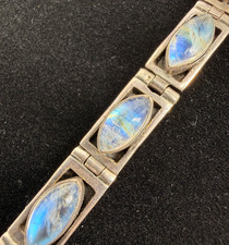 Vtg 925 Sterling Silver Rainbow Nat Moonstone Link Bracelet 10 Stone 6.25- 7.25