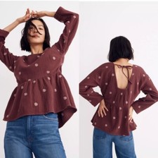 Madewell Mulberry Embroidered Lightspun Peplum Open Back Top Blouse NWT Size S picture