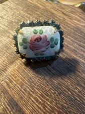 Vintage Hand-Painted Floral Brooch with Blue Rhinestones picture