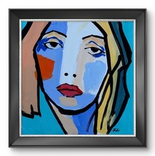 R Stevens Original 12x12 Modern Abstract Female Portrait Painting Signed Canvas picture