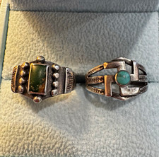 Vintage 1920s Native American Silver Pair Rings Green-Blue Turquoise 6.5 6.25 picture