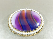 VTG W GERMANY PURPLE PORPHYRY SLAG GLASS FAUX PEARL FILIGREE LARGE BROOCH picture