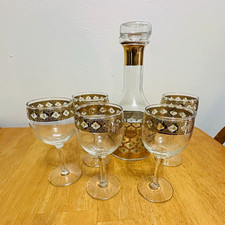 Vtg Culver Valencia Decanter & 5 Wine Goblets Set Green Diamond 22kt Gold  MCM picture