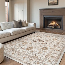 8 x 10 Area Rug Oriental Washable Rug Vintage Floral Carpet Non Slip Taupe picture