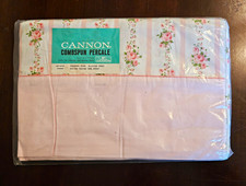 Mid-Century 1950s Cannon Combspun Twin Flat Sheet Dresden Rose Pink Floral VTG picture