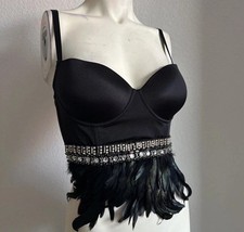 Bebe -Black Feather & Crystal Embellished Satin Bustier/Corset Sz S Reg $49. NWT picture