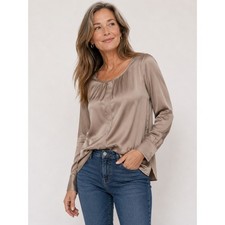 Basler Blouse Womens 8 Beige Silk Satin Long Sleeve Cosy Luxury Tunic Top picture