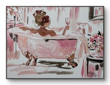 Neal Original 12x16 Impressionist Woman Bubble Bath Wine Painting Signed Canvas picture