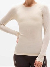 Athleta Momentum Seamless Long Sleeve Top Beige Gold Shimmer Stripes Small picture