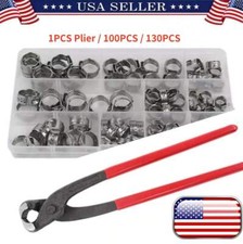 100X Assorted Hose Clamps Stainless Steel Ear Cinch Rings Crimp Pinch Kit Plier picture